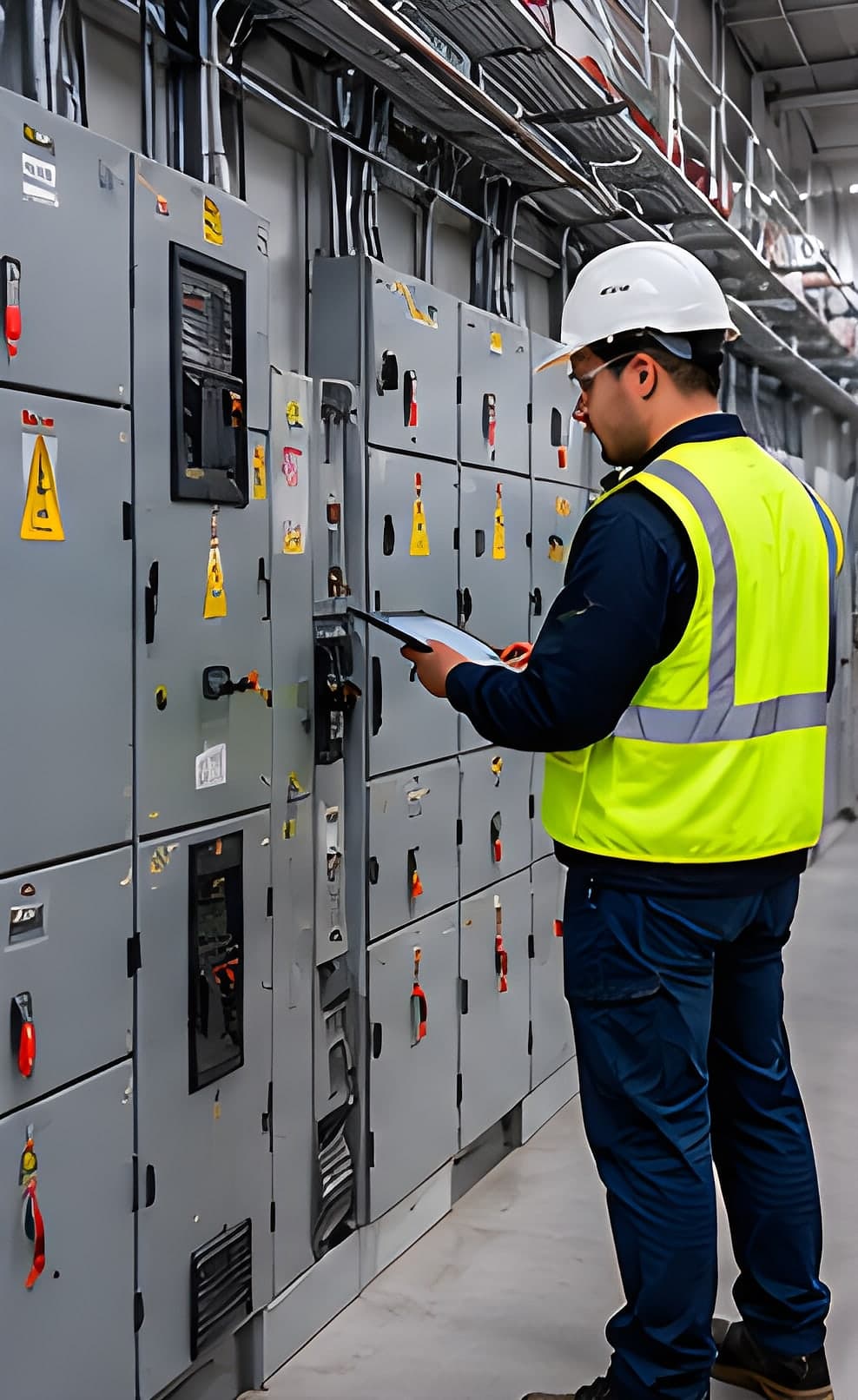 Safety observer in a white hard hat and high-visibility vest reviewing a tablet beside a lineup of electrical switchgear