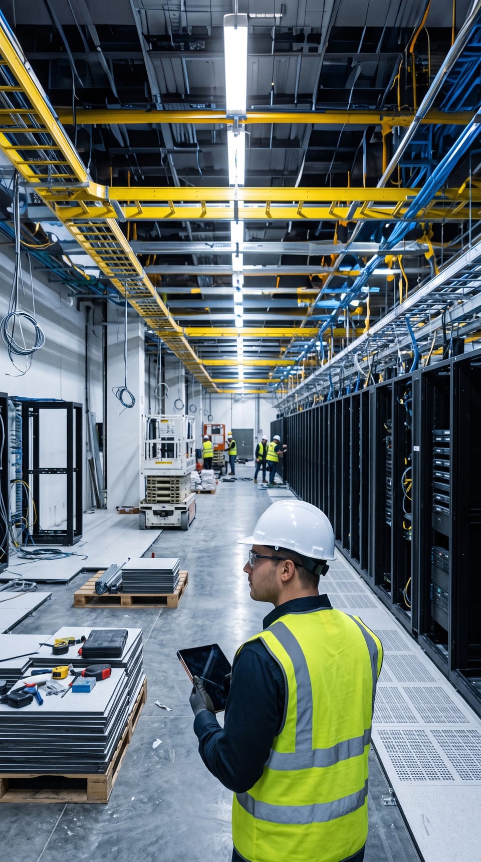Safety observer in a white hard hat and high-visibility vest reviewing a tablet beside server cabinets in a data hall under construction